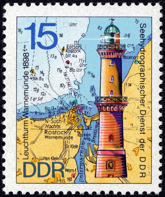 15pf Warnemunde Lighthouse, Map and Nautical Chart stamp