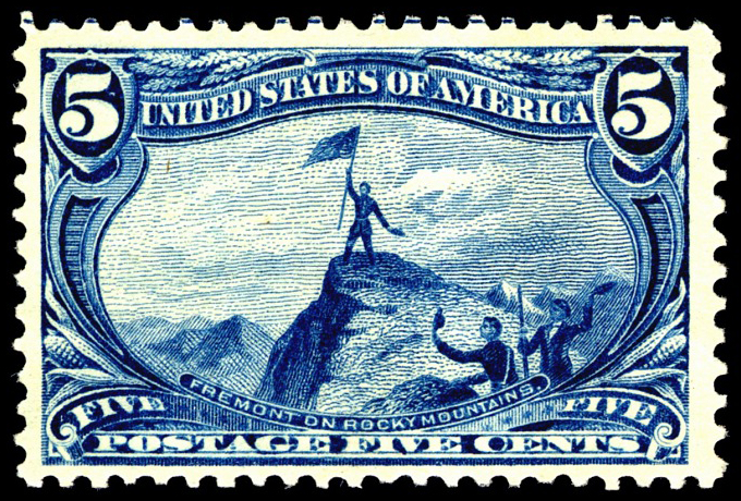 Estampilla de 5 centavos Trans-Mississippi con John Charles Fremont en las Montañas Rocosas