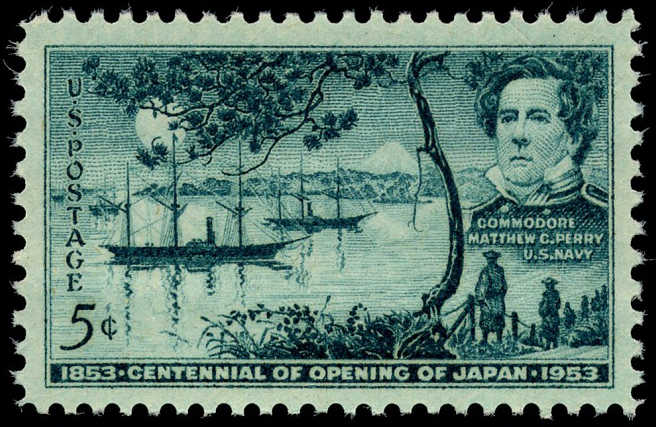 Opening of Japan stamp portraying Perry’s arrival in Tokyo Bay with Mt. Fuji in the background