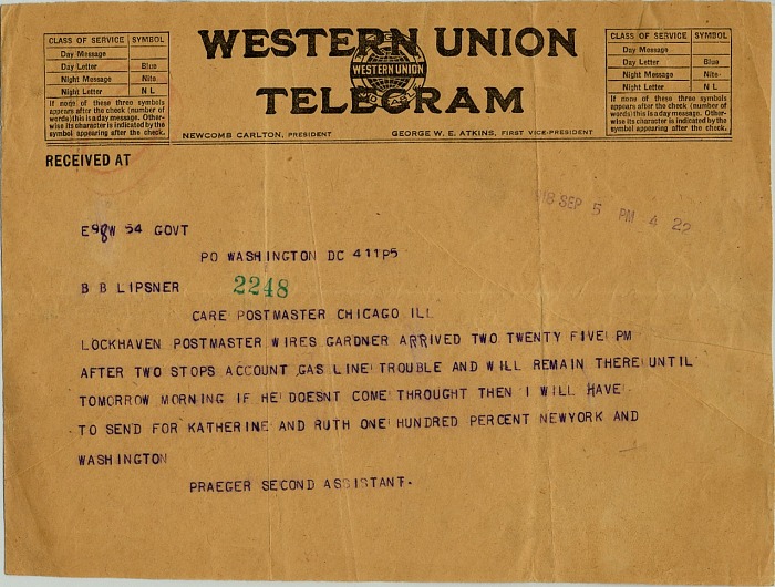 Telegram from Praeger on September 5, 1918