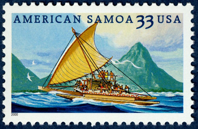 American Samoa stamp featuring a traditional sailboat on the ocean and mountains in the background