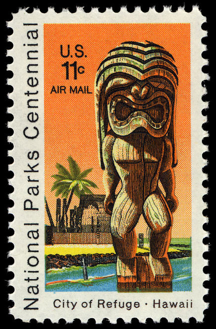 Sello del centenario de Parques Nacionales de 11 céntimos que representa un estatuto de Ki'i, un antiguo dios del pueblo hawaiano