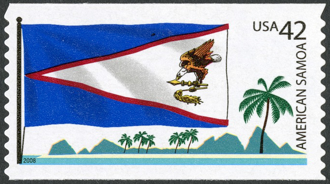 American Samoa Flag stamp featuring island peaks and palm trees