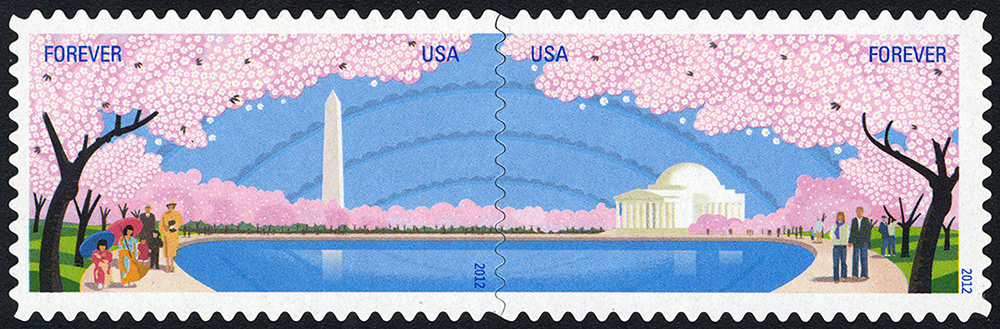 Cherry Blossom Centennial stamps with cherry blossoms, the Washington Monument and the Jefferson Memorial