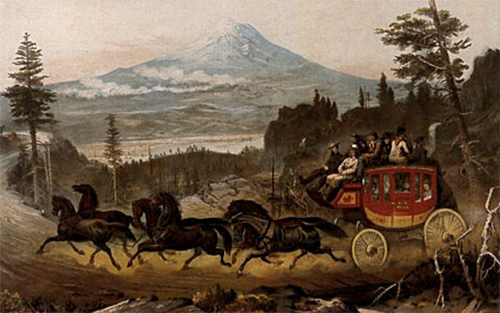 painting of western mail coach pulled by horses with a high mountain in the background