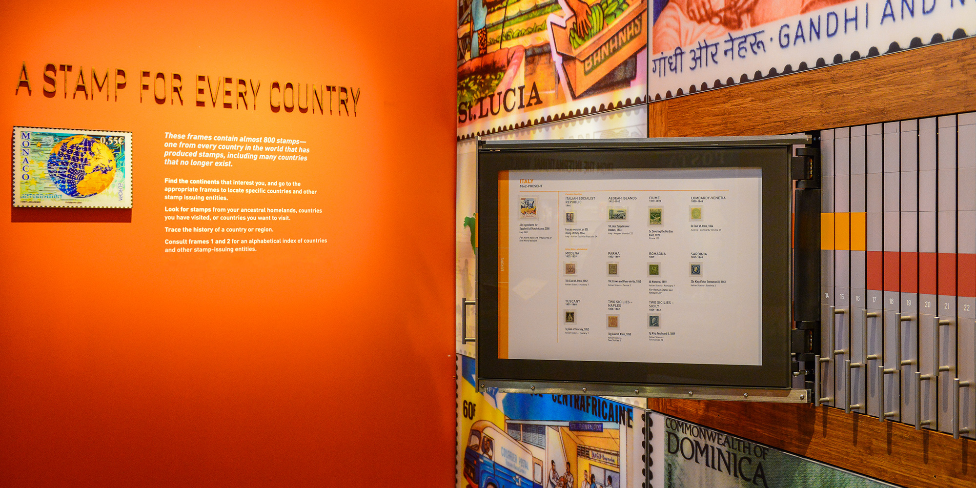 Pull-out display frames showing stamps in the Stamps Around the Globe exhibit
