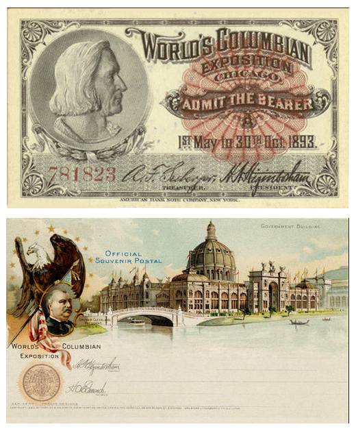 Boleto de entrada a la Exposición Mundial Colombina de 1893 y postal de recuerdo