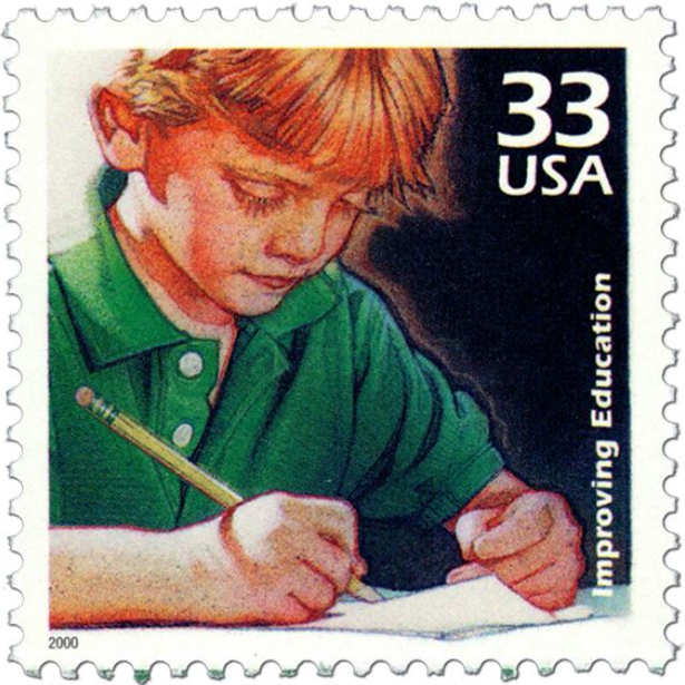 Improving Education stamp- an illustrated boy in a green shirt with a pencil, writing on a sheet of paper