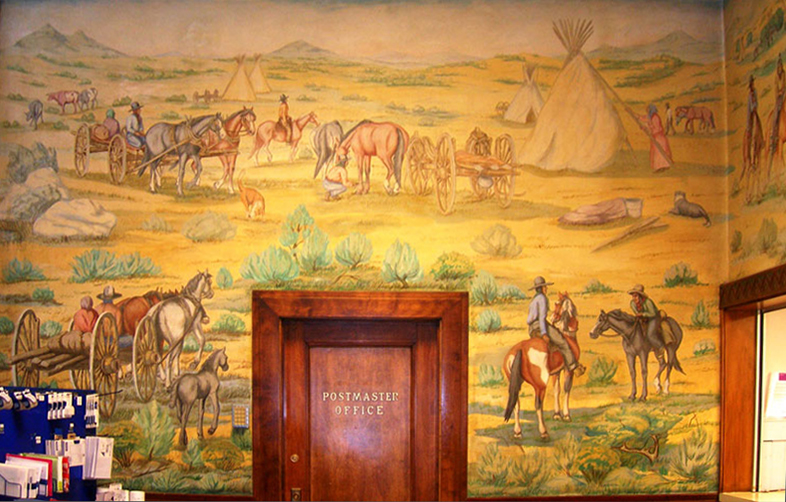 Painting of Indians and cowboys on a wall in a post office