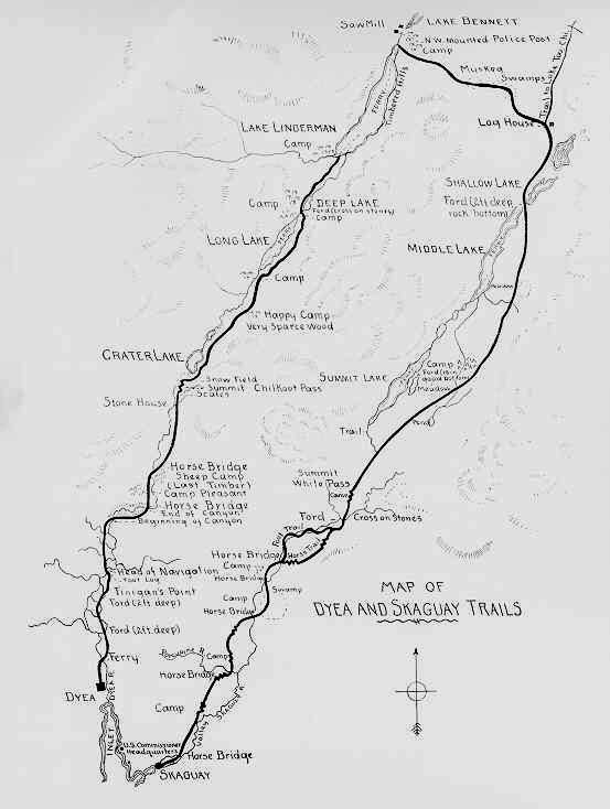 Map showing the Dyea (Chilkoot Pass) trail and the Skagway (White Pass) trail