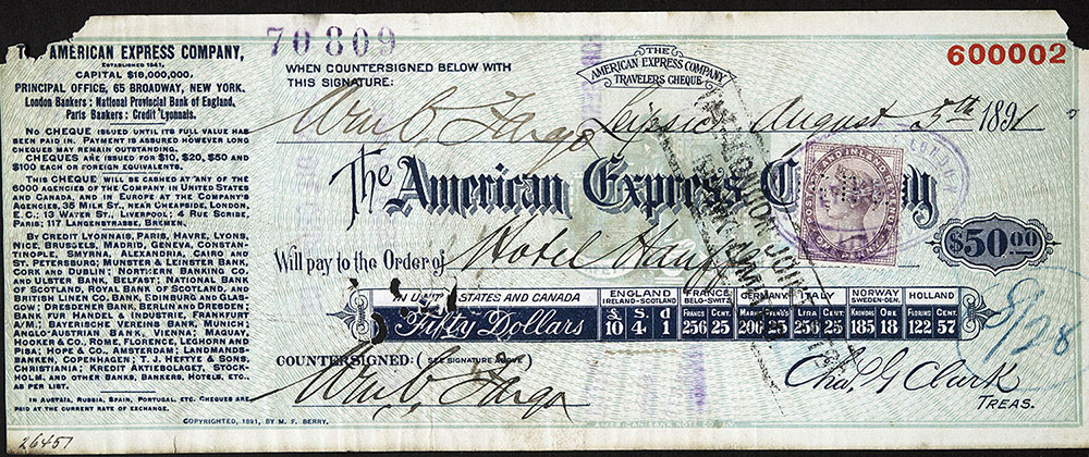 1891 American Express $50 traveler's check