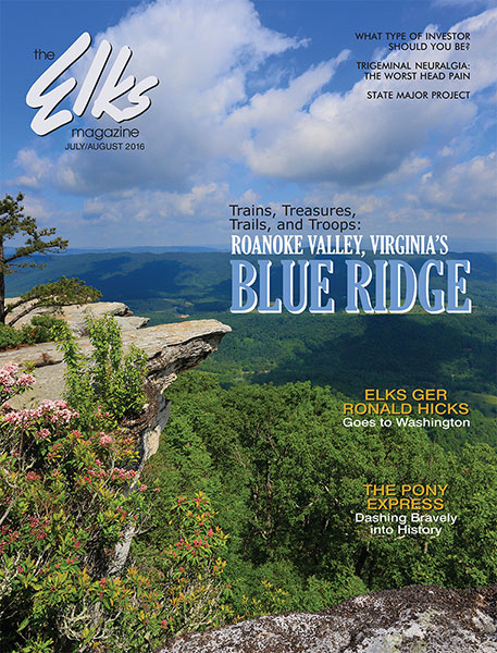 The Elks Magazine cover, July-August 2016, shows Virginia's Blue Ridge landscape