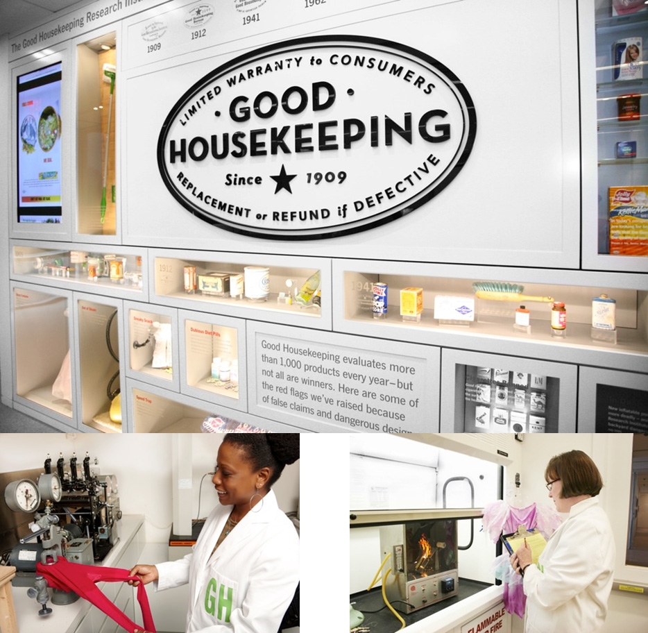 Three photos of The Good Housekeeping Institute labs showing household products and product testing.