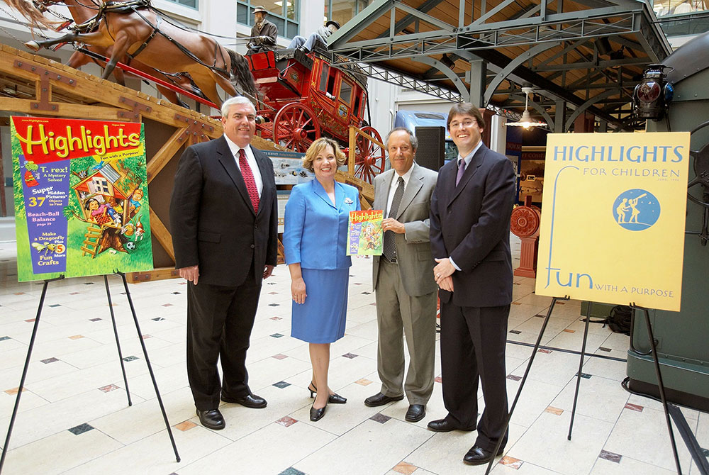The United States Postal Service and Highlights celebrate Highlights for Children’s, one-billionth copy and 60th year anniversary. Pictured: John E. Potter, Postmaster General of the United States; Christine French Cully, Editor in Chief, Highlights for Children; Allen Kane, Director, National Postal Museum; and Kent S. Johnson, CEO, Highlights for Children, Inc.