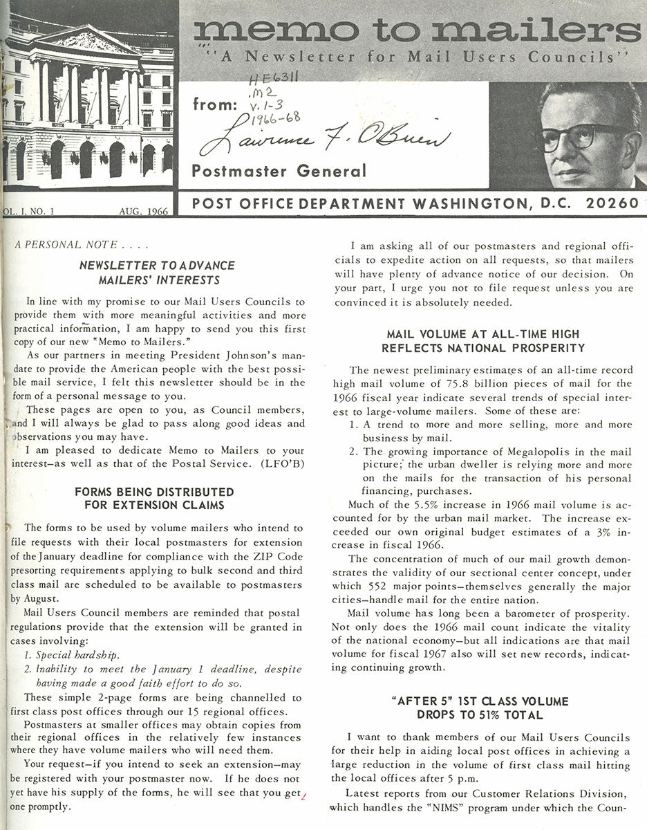 First Issue of Memo to Mailers, 1966