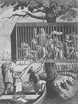 Political cartoon of the Bostonians in a cage under British guard