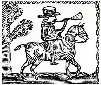 Woodblock print of a post rider on horseback