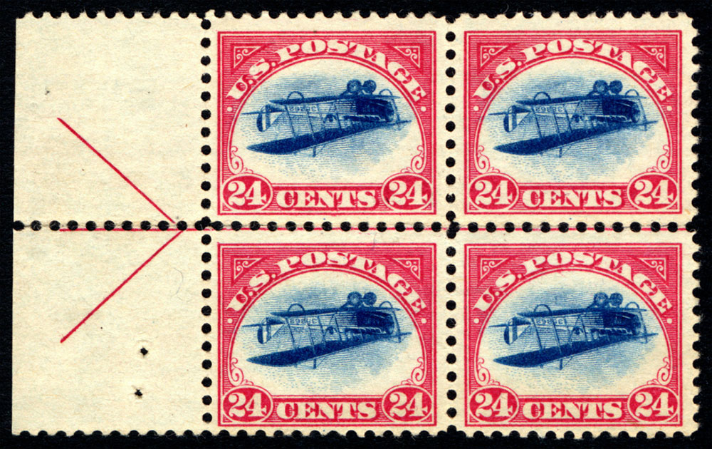 A block of four Inverted Jenny stamps are shown. These stamps have a red exterior and a blue interior, with an upside-down plane in the center.