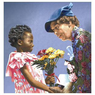 Painting of Eleanor Roosevelt talking with a little girl