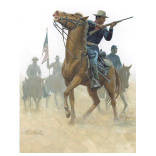 Painting of four Buffalo Soldiers on horseback