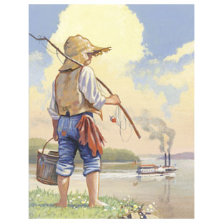 Painting of Huckleberry Finn with a steamship in the distance