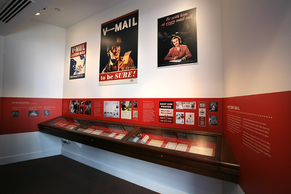 Victory Mail exhibit case and wall