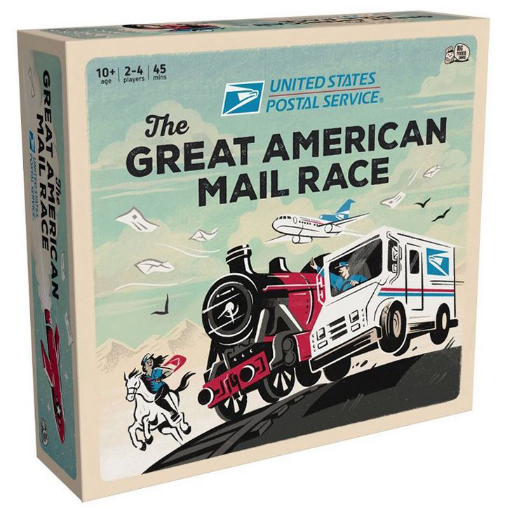 Cove of the The Great American Mail Race board game showing a horse rider, an airplane, a train engine and a mail truck
